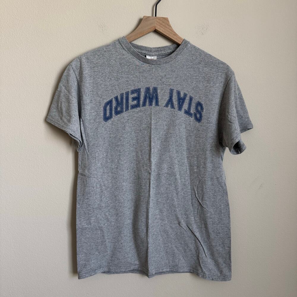 Delta Pro Weight "Stay Weird" Heather Gray and Blue Tee Shirt Womens Size Medium